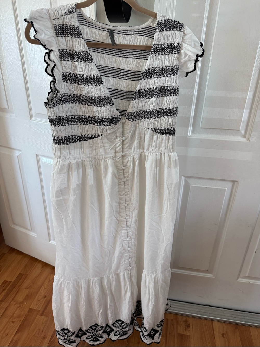 Anthropologie White Maxi Dress with Black Embroidered Stripes and Ruffle Sleeves
